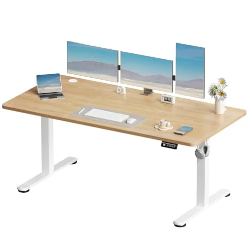 Devoko Escritorio Elevable Eléctrico con Memoria 160 x 60 cm Beige | <50dB, Altura 73-118cm eléctrico, 4 memorias anticolisión, Gancho y gestión cables, Materiales reciclados certificados