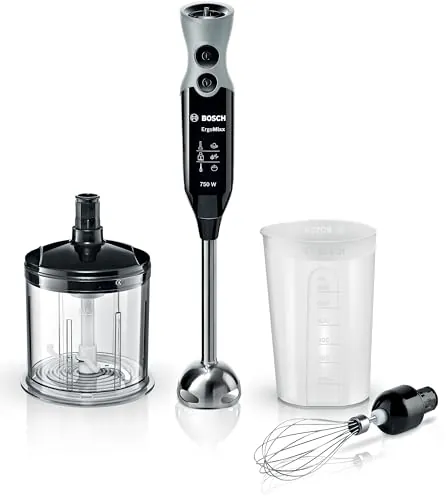 Bosch ErgoMixx MSM67160 - Batidora de mano, 750 W, regulador de velocidad y función Turbo, cúpula con cuatro cuchillas, con vaso de mezclas, picador y varilla batidora, color negro y gris