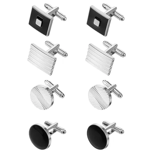COMNICO 4 pares de gemelos para hombre, de tono clásico, gemelos de moda para hombre, gemelos de plata y negro, diseño de disco, cuadrado, rectangular, para negocios, boda, fiesta, caja de regalo,