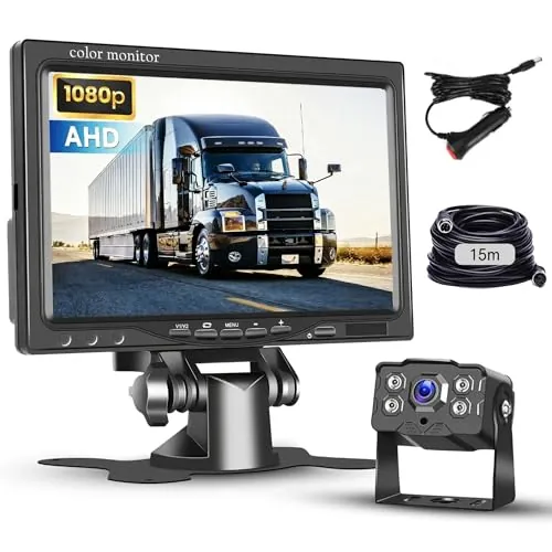 Hodozzy Cámara de Marcha Atrás con Monitor IPS de 7" y Cámara AHD, Impermeable IP68, Camara de Visión Trasera con Visión Nocturna Infrarrojos, 15 m Cable 4 Pines para Camión/Remolque/Bus(9-36 V)