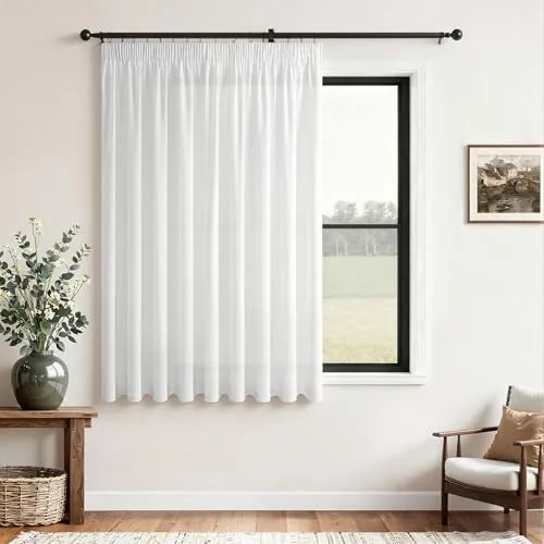 CUTEWIND Cortina Cocina Ventana Lino Blanco Cortinas Blancas Dormitorio 1 Pieza con Cinta Fruncidora 200cm de Ancho y 160cm de Largo, Translucide Modernas para Habitacion Juvenil y Salon