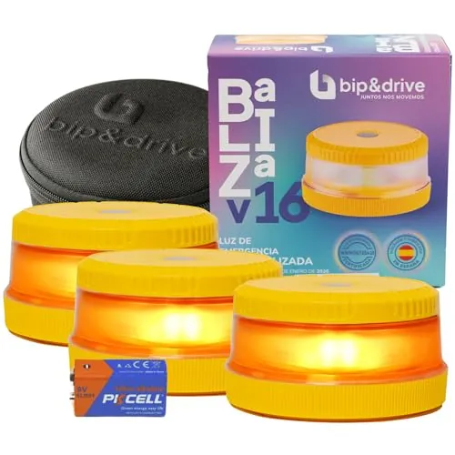 Baliza V16 Homologada DGT con Geolocalización | Luz de Emergencia Coche LED 360° 1km | Conectada DGT 3.0 | Resistente a la Lluvia | Indicador de Batería | Bip&Drive (3 Balizas + 3 Fundas)