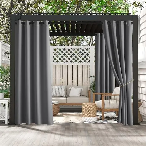 PONY DANCE Cortinas de Exterior Terraza Impermeable,Curtains Blackout Aislantes Luz para Patio/Jardin/Porche con Ojales 2 Piezas,132x243cm,Gris