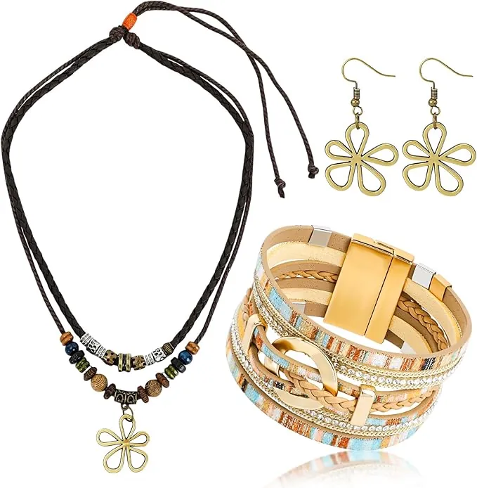 MWOOT Juegos de Joyas Bohemia para Mujeres, Pulseras de Cuero Bohemio Multicapa, Vintage Collar Colgante de Flor Cuentas de Madera, Boho Pendientes Colgantes de Flores Huecas