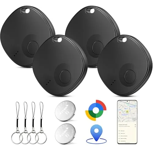 Android Tracker, 4 Pack Smart Tag, Gemini AI Localizador Bluetooth (Negro) | Compatible con Google Find Hub (Solo Android), Bluetooth Tracker Tag para Maletas, Cartera, Equipaje