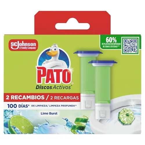 Pato Discos Activos WC Lima, Limpia, Refresca y Perfuma el Inodoro, Eficacia 360°, 2 Recambios = 12 discos