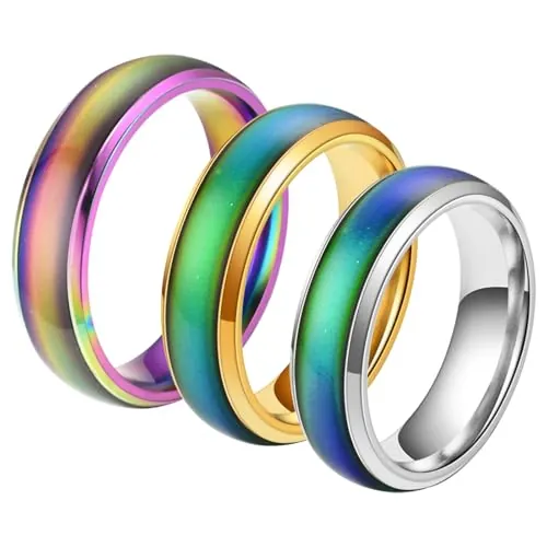 Glanzend 3 anillos de humor, 1,6 cm, 1,7 cm y 1,8 cm, anillo de emoción de temperatura, acero inoxidable que cambia de color, para novio, novia, fiesta diaria, cumpleaños, día de San Valentín
