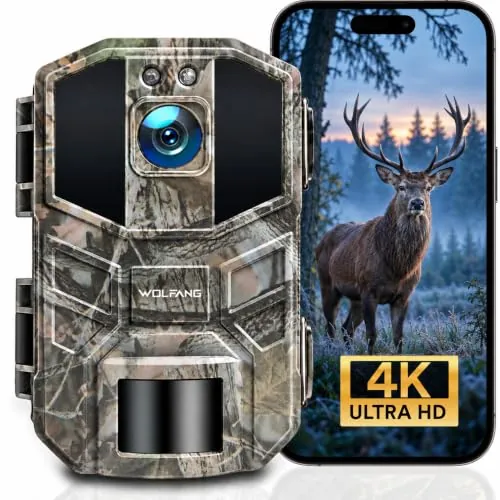 WOLFANG Cámara de Caza Wi-Fi 4K 64MP, Cámara Fototrampeo con 0.1s Velocidad de Disparo, cámara Caza con 40 LED IR de 850 NM Visión Nocturna, IP66