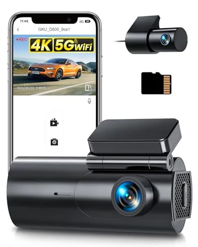 GKU 4K Dashcam Cámara Coche, 5GHz WiFi Dash CAM Coche con Tarjeta de 64GB, Mini Cámara Coche Grabadora, 170° Gran Angular, Visión Nocturna, WDR, Sensor G, Modo Parking 24H, Control App, Máx 256GB