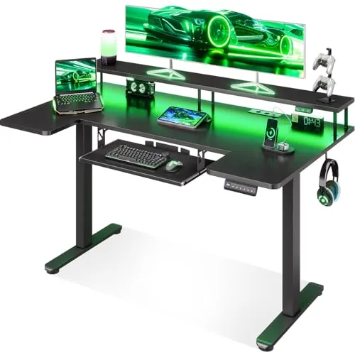 OffiGo Escritorio Gaming Regulable en Altura con LED 140×74 cm, Negro | Cubierta forma en U, USB y enchufes integrados, Mesa gaming con 4 memorias, Escritorio gaming con iluminación LED