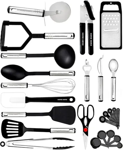 Utensilios de Cocina Resistentes al Calor y Antiadherentes - Espátula Cuchara Cucharón Pinzas Tijeras Set (25 Piezas Nylon Set)