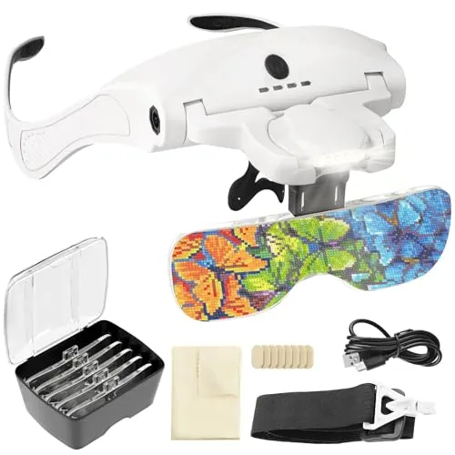 ARTDOT Gafas Lupa con luz led para Manualidades, con 5 Lentes reemplazables y 4 Leds de Brillo Ajustable, Ideal para Diamond Painting, Pintura de Diamante, Kits Adultos y Accesorios