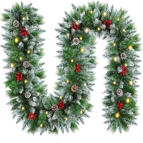 FGHB 2.7M / 9FT Guirnalda Navidad,Guirnaldas Navideñas con Luces,y 220 Puntas de Ramas, con 30 LED Luces,para Escaleras,Chimenea,Puerta, Interior/Exterior Decoracion Navidad