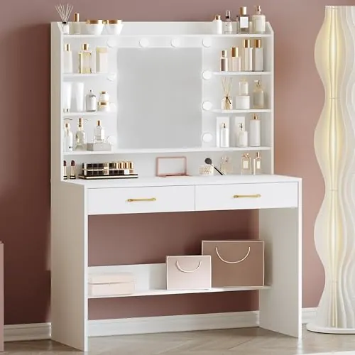 Hzuaneri Tocador de Maquillaje con Espejo y luz LED, 40x100x149cm, Blanco