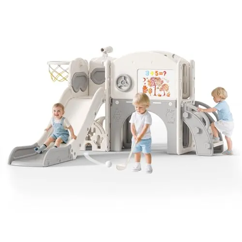 Tobogán para niños con aro de Baloncesto, Tobogán para jardín de Infantes, Parque Infantil Interior y Exterior, Kit de Juego de Escalada Independiente con tobogán para bebés (Beige Gris-10 en 1)