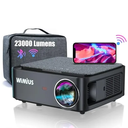 Proyector WiFi Bluetooth 4K Soporte, 35000 Lúmenes WiMiUS Proyector WiFi Bluetooth Full HD 1080P Nativo Ajuste Digital 4P/4D, Zoom 50% Proyectors Portátil Cine en Casa 300” para PPT,PS5,TV Stick HDMI