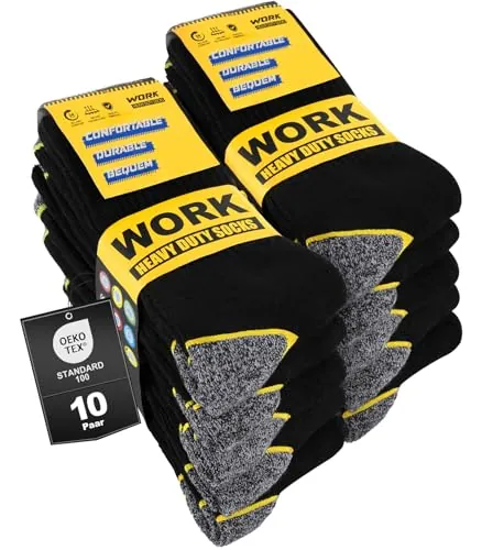 Effeet 10 Pares Calcetines de Trabajo Hombre, Ideales para Botas, WORK Socks Acolchados y Reforzados, Calcetines Funcionales y Transpirables con puño Cómodo