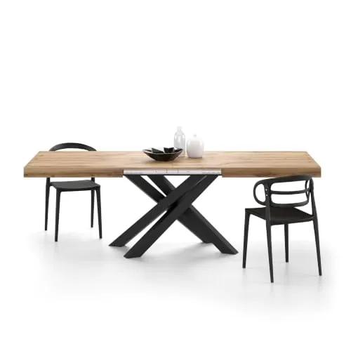 MOBILI FIVER, Mesa Extensible Emma 160(240) x90 cm, Color Madera rústica con Patas Cruzadas Negras, para 6-10 Personas, Mesa Extensible de Comedor, Mesa Cocina, Salon, Made In Italy