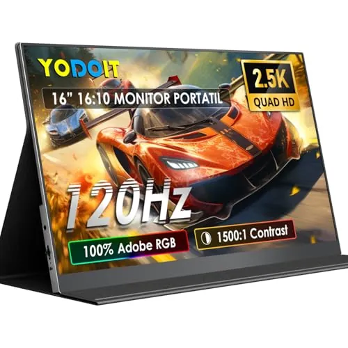 Yodoit 16 Pulgadas Monitor portátil de 120Hz de 2.5K UHD Pantalla IPS 2560 x 1600 con Puerto USB Tipo C y Altavoces Integrados con Monitor de Cubierta Inteligente Compatible con PC