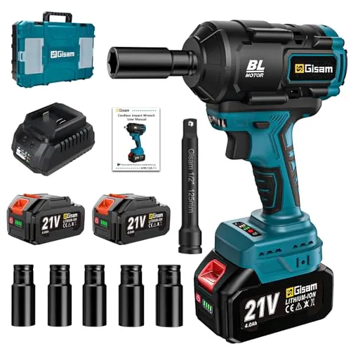 Gisam Llave de Impacto Con Batería de 1200 NM, Con Baterías de 8000 MAh Y Cargador Rápido, 1/2 Sin Escobillas, Cambio de Neumáticos con 5 Llaves de Vaso Para Coches, Andamios (2 baterías)