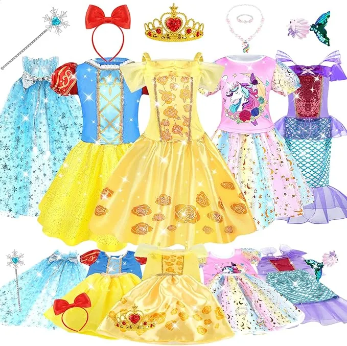 Dreamon Disfraz Princesa Niña, Vestidos Princesa 5 Piezas Cetro Corona Collar Horquilla Regalo Cumpleaños Carnaval para 3 4 5 Años Niños