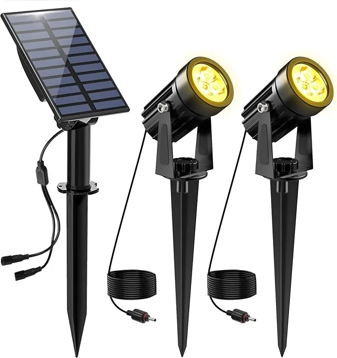 NATPOW Luces Solares LED Exterior Jardin Foco Solar de Jardín Luz Solar Exterio, IP65 Impermeable, 2 Niveles de Brillo de Crepúsculo a Amanecer Iluminación para Patio, Terreza, Césped (3000K)