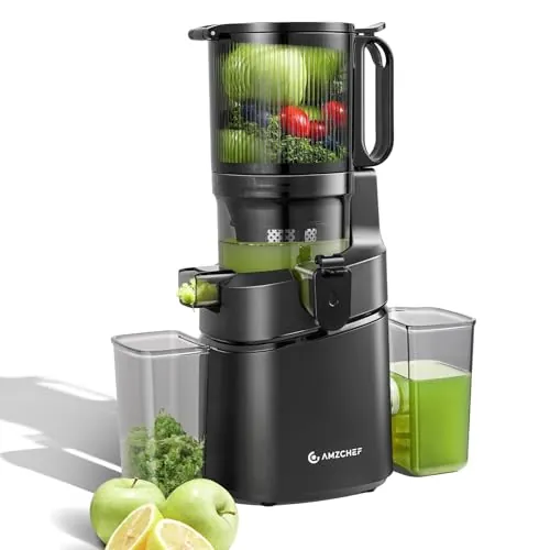 AMZCHEF Extractor de Zumos y Verduras Automático, 145MM Apertura y 1,8L Capacidad Licuadora para Verduras y Frutas Entera, 250W Licuadora Prensado en Frio Lento con Triple Filtro - Negro