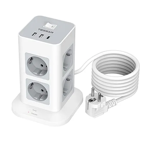 TESSAN Regleta Enchufes Multiple Proteccion Sobretension, Torre Enchufes Vertical 8 Tomas con 1 USB C, Alargador 2M, Regleta USB con Interruptor para Casa, Oficina, 3600W, Gris
