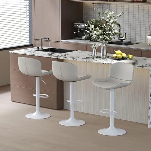 Youhauchair Taburetes Altos de Cocina Juego de 3, Taburete de Bar Regulable en Altura en Cuero PU, Taburete Alto con Respaldo y Reposapiés, Taburete Cocina Giratorio, Moderno, Blanco