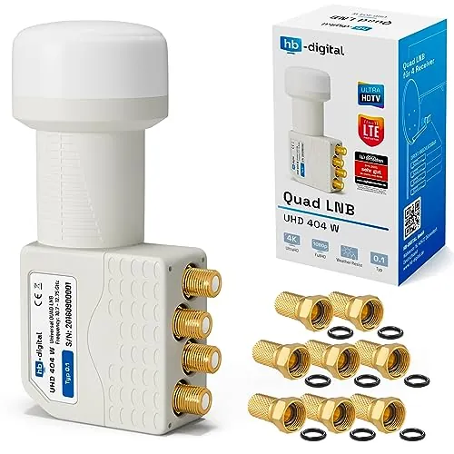 HB-DIGITAL Quad LNB 4 Veces DVB-S DVB-S2 Full HD TV 3D TV 4K UHD Sat 4 Participantes con Protección Climática + 8X F-Conectors Dorados