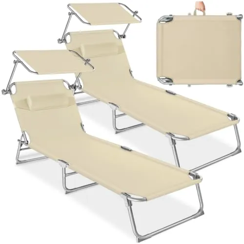 tectake® Set de 2 Tumbonas 190x68x111 cm, Plegable, Ajustable en 4 Posiciones, Resistente a Intemperie, Transpirable, con Toldo, Reposacabezas y Asa de Transporte, para Jardín y Piscina - Beige