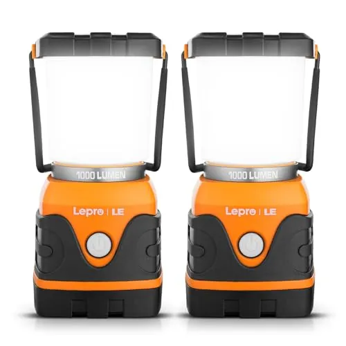 Lepro Linterna de Cámping a Pilas 1000 LM Naranja 2 PCS | 4 Modo de Luz, Funciona con Pilas, Brillo Ajustable, Impermeable IPX4 para Cámping, Senderismo, Pesca, Cortes de Energía