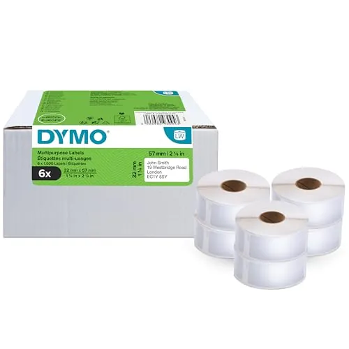 DYMO LabelWriter Etiquetas multiusos, 32mm x 57mm, 6 rollos de 1.000 | 6.000 etiquetas autoadhesivas de fácil despegue para impresoras de etiquetas LabelWriter, etiquetas DYMO auténticas