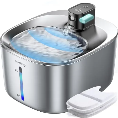 Fuente de Agua para Gatos Inalámbrico con Sensor de Movimiento de Acero Inoxidable con Pilas 4000 mAh FEELNEEDY 4L Bebedero Gatos Automática Sin Cable y Enchufe, con 2 Filtros