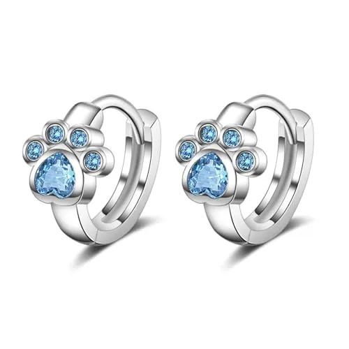 DHWEKU Mujer Plata de ley 925 Con Diseño huella Cristal Circonita,Regalo Ideal Aretes Aro Elegantes y Sofisticados Joyería de Moda,Kids Pendientes para niña Huella de perro Brillante Plata de ley 925