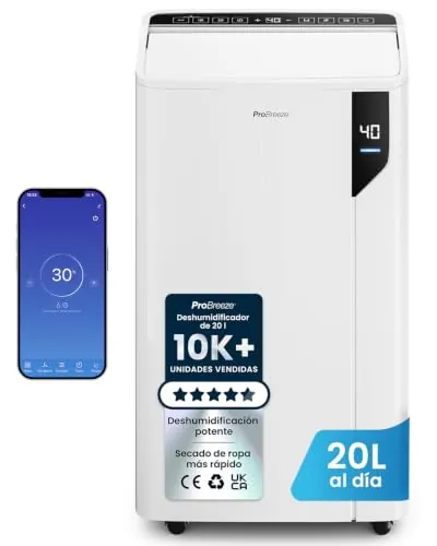 Pro Breeze Deshumidificador 20L/Día con WiFi, Antihumedad, Deshumidificador Silencioso con Sensor Automático, Modo Ropa, Drenaje Continuo, Temporizador 24H, Bajo Consumo para Casa