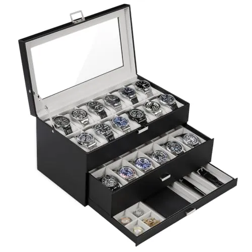 ProCase Caja para Relojes de 24 Compartimentos, 3 Niveles -Negro