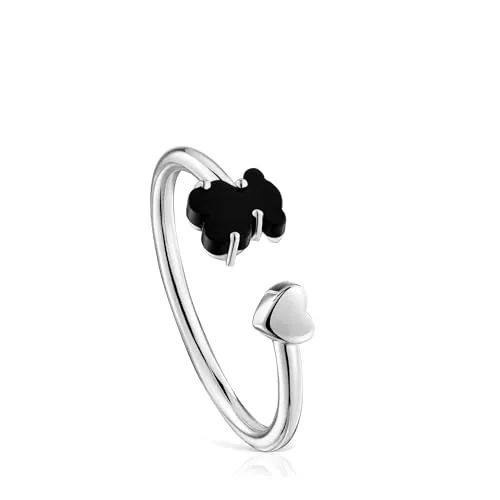 TOUS Anillo de Plata de Primera Ley con Motivo Corazón y Oso en Ónix para Mujer, Talla 14-16, Colección Mini Color