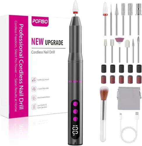 POFIBO Torno para Uñas Profesional 35000 RPM USB, Set de Manicura 12 en 1