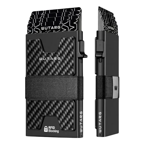 Tarjetero Hombre RFID - cartera minimalista metálica NFC con botón lateral, portatarjetas slim aluminio 6061, banda elástica para billetes, bloqueo antirrobo - 6 ranuras, 12 tarjetas (Carbon Black)