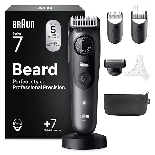 Braun Recortadora de Barba Series 7 BT7525, +7 Accesorios para Barba, 40 Longitudes, Lámina ProBlade, Gris