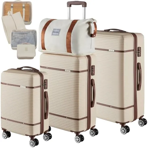 tectake® Juego de Maletas de 13 Piezas, Maleta Grande, Mediana y de Mano, Maletas de Viaje en ABS e Imitación Cuero, Cerradura TSA, Ruedas 360°, Set de Maletas Apilables, Accesorios Viaje - Crema