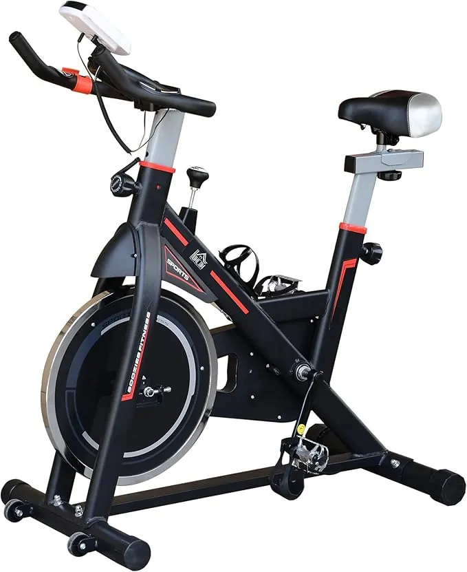 HOMCOM Bicicleta Estática Bici Estática con Volante 8 kg Resistencia Ajustable Pantalla LCD Pulsómetro Ejercicio Silencioso y Asiento Ajustable Carga 120 kg para Casa Gimnasio