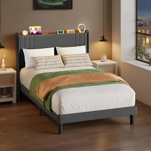 Blishom Cama Tapizada 120×200 cm con Cabecero,Láminas de Madera,Gris Oscuro