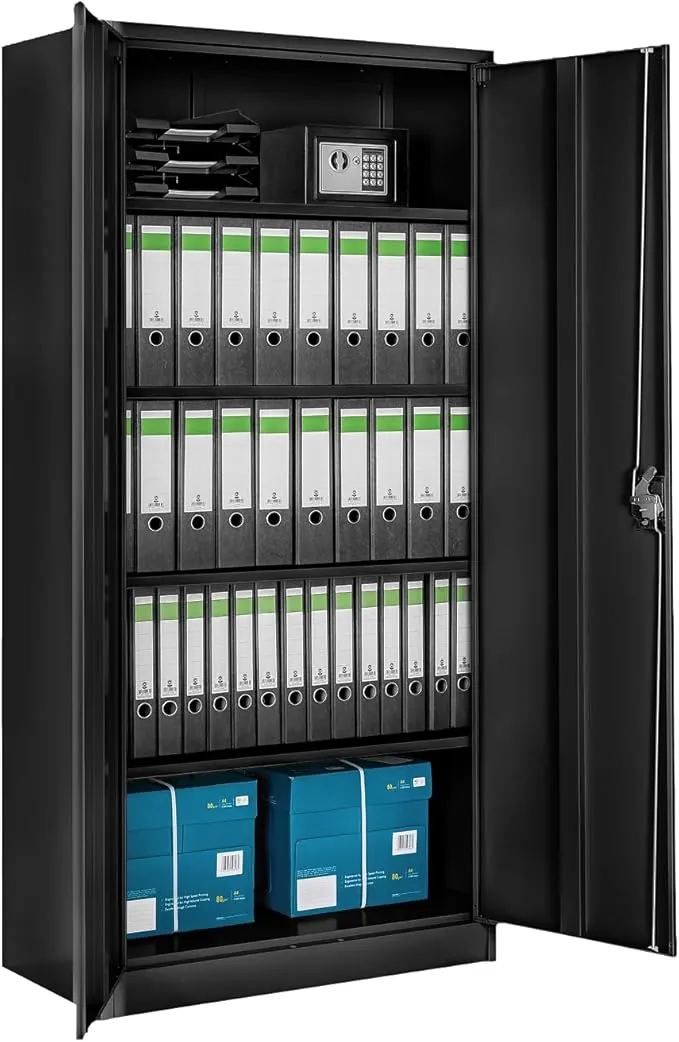 tectake® Armario Archivador Oficina en Acero, Armario Exterior e Interior con Cerradura, Armario Multiusos con 2 Puertas, 4 Estantes Ajustables y 5 Alturas, Fácil Montaje, 180x80x40 cm - Negro/Negro