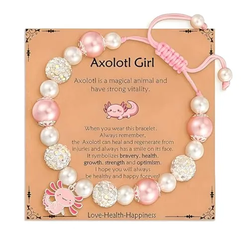 OIXEYA Pulseras Axolotl para Niñas Niños Perlas Rosas y Bolas de Diamantes de Imitación/Piedra Natural Rosa Pulsera con Colgante de Axolotl Linda Cosas Pequeñas Joyas Dulces Joyas (B)