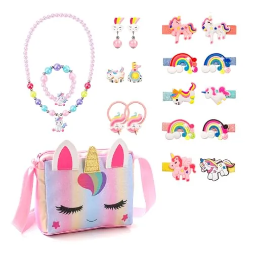 KDISHKRA 20 Piezas Unicornio Joyas Set, Regalos de Unicornio para niñas, Conjunto de Bolso y Joyería con Collar de Unicornio Pulsera Pendientes Anillo Horquillas Coleteros, Regalo para Niñas 3-9 Años