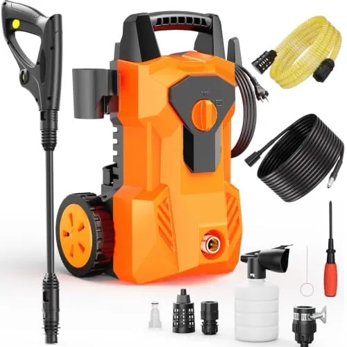 Hidrolimpiadora de Alta Presion, 1600W 140Bar Presión de Trabajo, Caudal 420L/H, con Boquilla Ajustable Pistola y Manguera de 8M Cable de 2M, con Boquilla de Espuma, para Coches, Vallas, Patios, Hogar
