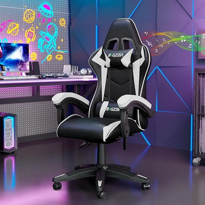bigzzia Silla Gaming con Cojín Lumbar y Reposacabezas, Silla Gaming Regulable en Altura, para Oficina, Silla Gamer Ergonómica para Adultos y Adolescentes (Bluetooth, Blanco)