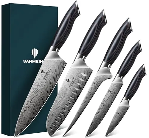 SANMEIHO Juego Cuchillos de Cocina 5 Piezas, Acero en Polvo Japones 63HRC